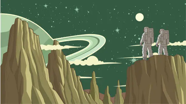 Vector illustration of Vector Retro Astronauts Exploring a New Planet Cartoon Stock Illustration