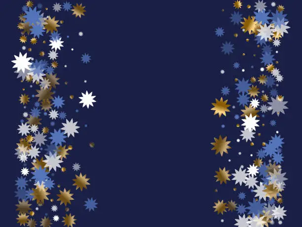 Vector illustration of Modern Christmas star holiday ornament graphic design. Gold blue white twinkle confetti.