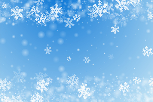 White falling snow flakes illustration. Snowfall fleck crystallic elements. Snowfall weather white blue design. Fuzzy snowflakes new year texture. Snow nature landscape.