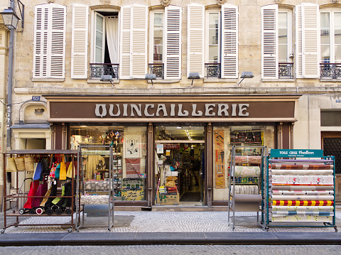 Retail store facade in downtown district, Paris, France