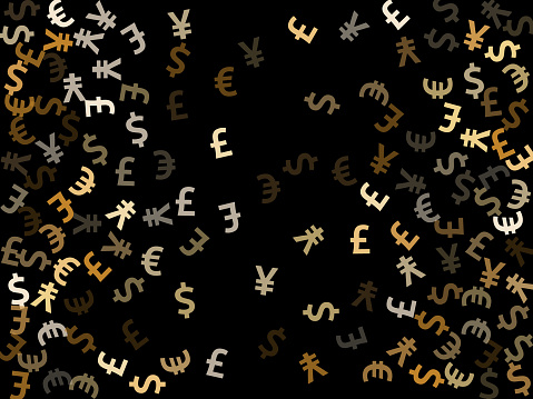 Euro dollar pound yen metallic symbols flying currency vector background. Economy concept. Currency icons british, japanese, european, american money exchange signs graphic design.