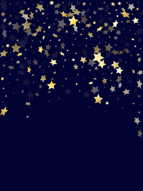 Gold gradient star dust sparkle vector background. Gold gradient star dust sparkle vector background. Glossy gold star sparkles dust elements on dark blue night sky vector illustration. Party starlight banner backdrop. dark blue night stock illustrations