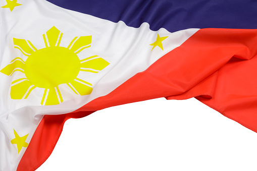 Philippine Flag draped over a white background with copy space