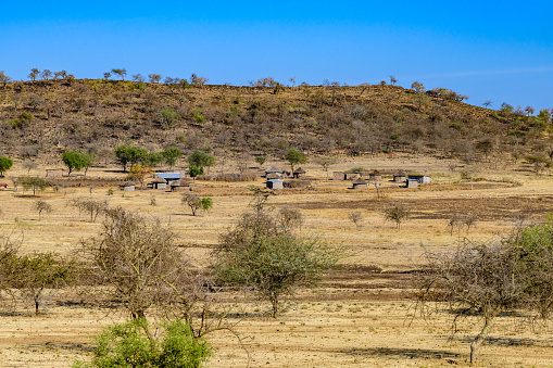 View of Maasai people village in Tanzania. African landscape