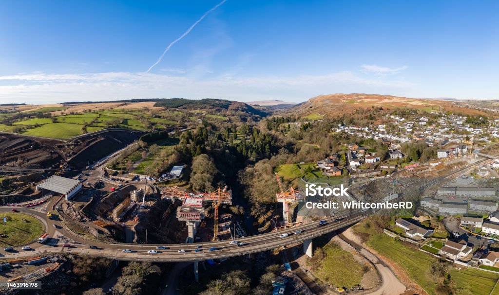 Aerial view of a bridge being constructed as part of a major road infrastructure project (Heads of the Valleys) Aerial view of a bridge being constructed as part of a major road infrastructure project (Heads of the Valleys, Wales) Merthyr Tydfil Stock Photo