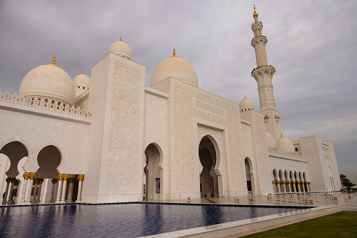 Exterior of Sheikh Zayed Mosque in Abu Dhabi. It is the largest Mosque in the United Arab Emirates and hold the worlds largest carpet. The mosque was completed in 2007.