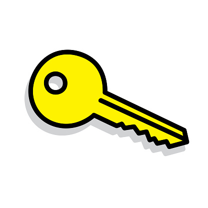 Vector illustration of a hand drawn yellow key against a white background.