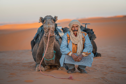 Moroccan Herder squatting in Sahara Desert with Camel looking at camera portrait