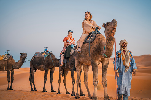 Asian Chinese Female Tourist Camel caravan going through the Sahara desert in Morocco at sunset lead by camel driver