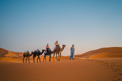 Asian Chinese Female Tourist Camel caravan going through the Sahara desert in Morocco at sunset lead by camel driver