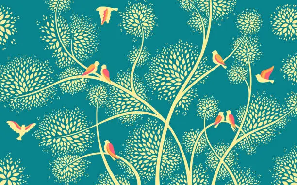 Vector illustration of Flock bird tree branches stylized pattern flying dove silhouette shape wallpaper background artwork