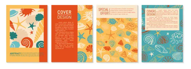 Vector illustration of Sea shell ocean cover card design set exotic nautical pattern page flyer notebook ornamental snail
