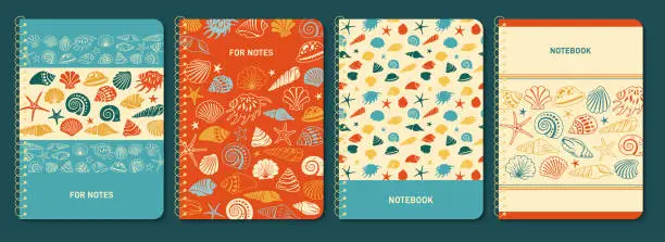 Vector illustration of Sea shell sink trendy notepad cover set notebook nautical snail ocean underwater template design