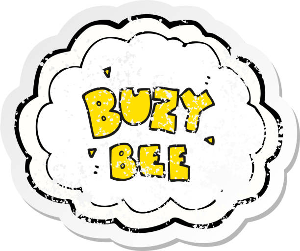 retro distressed aufkleber eines cartoon buzy bee textsymbols - lustige biene stock-grafiken, -clipart, -cartoons und -symbole