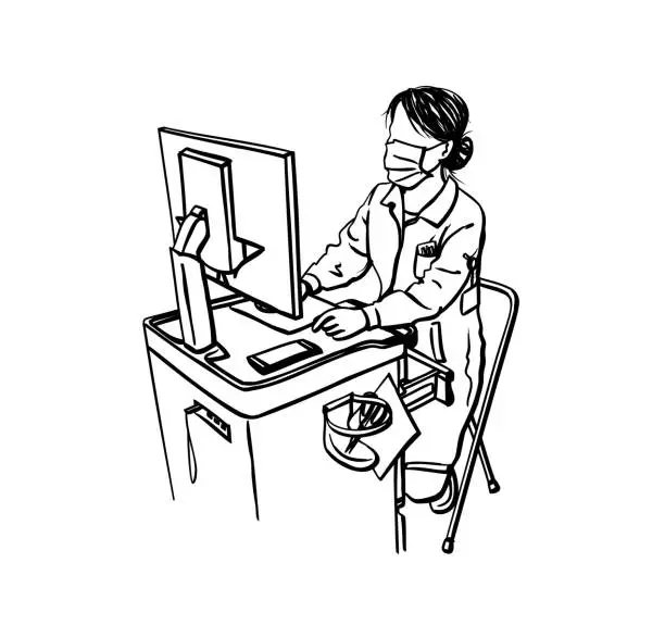 Vector illustration of Nurse At Her Station Ink