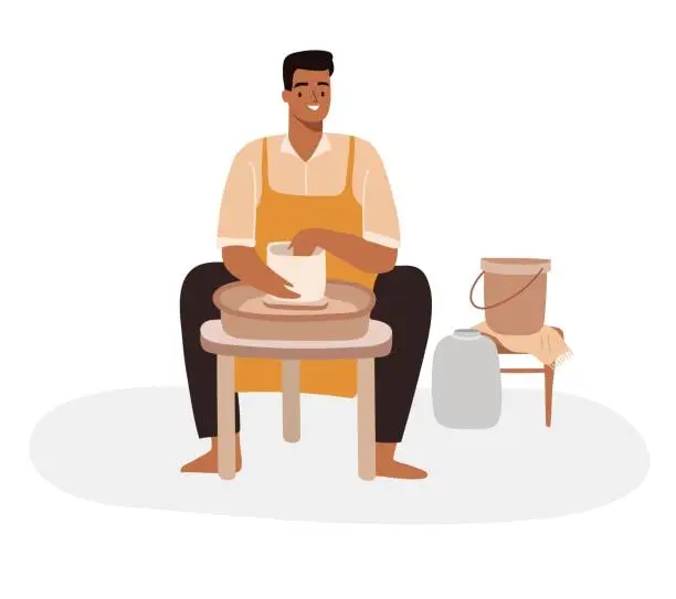 Vector illustration of Male potter making a pot out of clay on a pottery wheel. Teacher at pottery class concept.