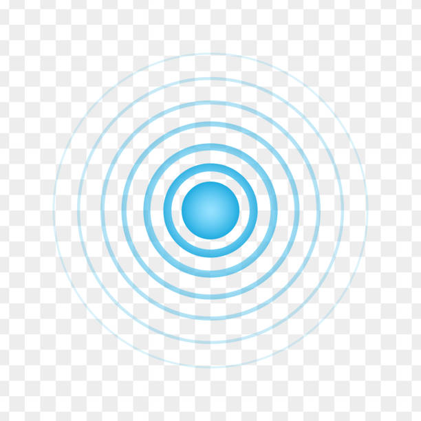 Blue point with concentric circles. Radar signal, sound or sonar wave sign on transparent background. Symbol of aim, target, healing, hurt, painkilling. Round localization icon Blue point with concentric circles. Radar signal, sound or sonar wave sign on transparent background. Symbol of aim, target, healing, hurt, painkilling. Round localization icon. Vector illustration wave png stock illustrations