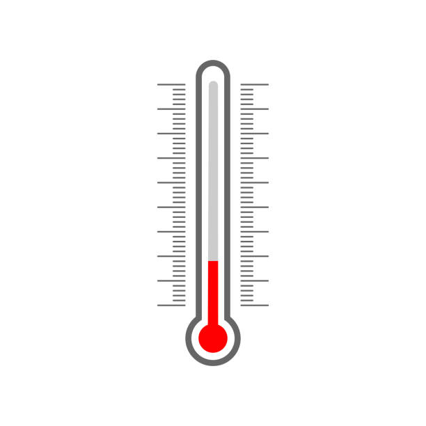 Meteorological thermometer glass tube silhouette and Celsius and Fahrenheit degree scale. Temperature measuring, climate control tool Meteorological thermometer glass tube silhouette and Celsius and Fahrenheit degree scale. Temperature measuring, climate control tool isolated on white background. Vector flat illustration temp gauge stock illustrations