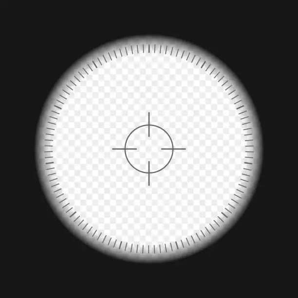 Vector illustration of Monocular, telescope, periscope view with scale and transparent background. Army, reconnaissance, hunting or tourist optical instrument for magnifying, exploration, investigation