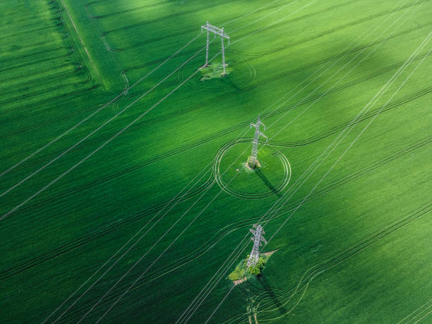 vista aérea de postes eléctricos en verdes campos de trigo. energía renovable. - overhead wires fotografías e imágenes de stock