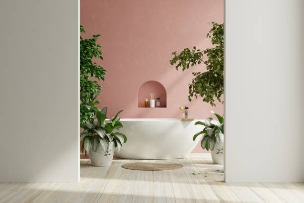 diseño interior de baño moderno, bañera blanca en pared rosa grunge. - inside of model home indoors bathroom fotografías e imágenes de stock