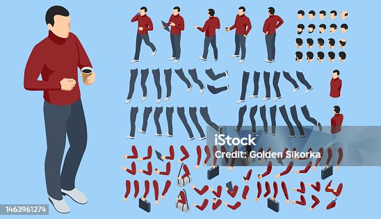 istock Isometric man character constructor for designe. Set of man character flat style illustration isolated on background. 1463961274