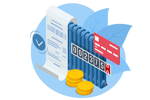 Isometric invoice, payment for heat energy. Utility bills and saving resources concept. Utility bills payment. Heat energy consumption expenses. Household utilities.