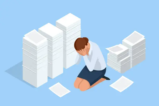 Vector illustration of Isometric stacks of paperwork, files in the office, bureaucracy, overload. Unorganized office work. Tired business woman sitting on the floor clutching his head with the piles of paper document around.