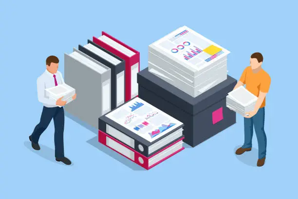 Vector illustration of Isometric stacks of paperwork and files in the office, bureaucracy, overload. Bureaucrat in the office.
