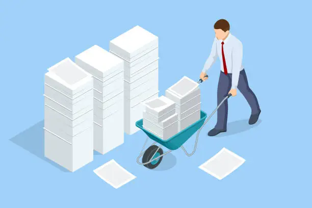 Vector illustration of Isometric stacks of paperwork and files in the office, bureaucracy, overload. Bureaucrat in the office. Businessman driving a wheelbarrow with paper documents. Unorganized office work.