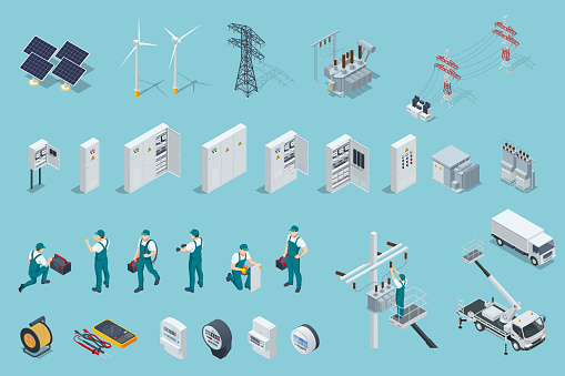 Isometric electricity icons set with solar panels, power stations, high voltage wires, electric switchboards, transformers, distribution boards, and professional workers in uniform