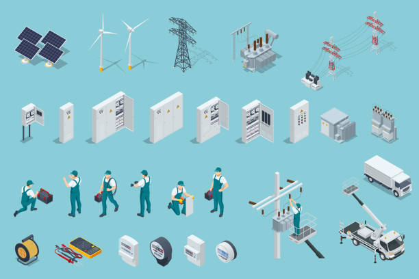 Isometric electricity icons set with solar panels, power stations, high voltage wires, electric switchboards, transformers, distribution boards, and professional workers in uniform. Isometric electricity icons set with solar panels, power stations, high voltage wires, electric switchboards, transformers, distribution boards, and professional workers in uniform electrical tower illustration stock illustrations