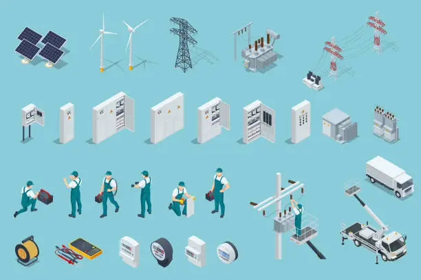 Vector illustration of Isometric electricity icons set with solar panels, power stations, high voltage wires, electric switchboards, transformers, distribution boards, and professional workers in uniform.