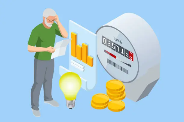 Vector illustration of Isometric invoice and electricity meter. Utility bills payment. Electricity consumption expenses. Man paying utility, and electricity bills online