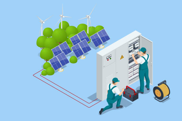 illustrations, cliparts, dessins animés et icônes de isométrique electricité energie. technicien service de réparation de la ligne électrique. vérification des niveaux de tension de fonctionnement du compartiment de commutation du panneau solaire. - breaking wind