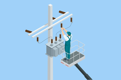 Isometric Transformer . Electric Energy Factory Distribution Chain. Maintenance of voltage transformer, repair of power lines, work at height in helmets on crane in cradle.