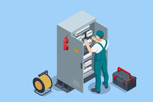 Isometric Electricity energy maintenance. Technician repair service of the powerline. Execution of electrical measuring works on the power transformer.