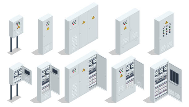 izometryczna rozdzielnia elektryczna. transformator. tablica rozdzielcza. panel przełącznika zasilania elektrycznego. sprzęt elektryczny. wyłącznik elektryczny skrzynka rozdzielcza sprzęt elektryczny i energetyczny czerwone przyciski, wyłącznik sty - panel stock illustrations