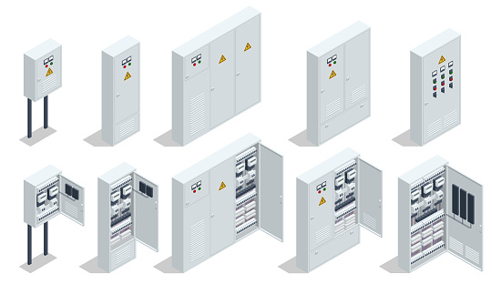 Isometric Electric switchboard. Transformer. Distribution board. Electrical power switch panel. Electricity equipment. Electric Breaker Switchbox Electricity and Energy Equipment Red Buttons, Contact-breaker.