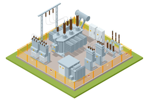 ilustrações, clipart, desenhos animados e ícones de transformador isométrico . cadeia de distribuição da fábrica de energia elétrica. subestação de energia de ícone de conjunto isolado. central de alta tensão. - electricity control panel electricity substation transformer