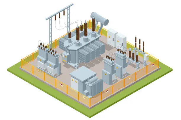 Vector illustration of Isometric Transformer . Electric Energy Factory Distribution Chain. Isolated set Icon Energy Substation. High-Voltage Power Station.