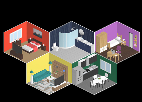 Isometric house. Modern room interior design with bedroom, living room, kitchen, bathroom. 3d vector home interior ,cartoon cute