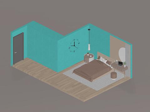 Isometric house. Modern room interior design with bedroom, living room, kitchen, bathroom. 3d vector home interior ,cartoon cute