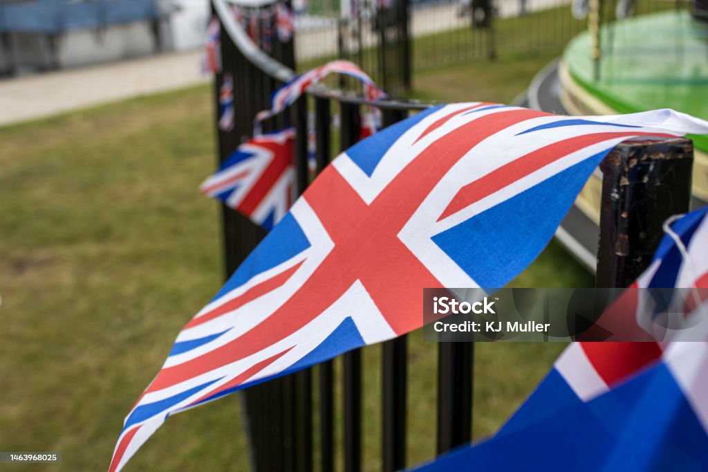 Flying the flag. Patriotic British flags flying in the wind. Bicester Stock Photo