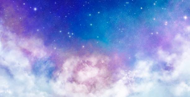 sterne und wolken am himmel mit einer schönen abstufung von blau und rosa - dreams heaven cloud fairy tale stock-grafiken, -clipart, -cartoons und -symbole