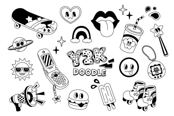 Vector illustration of Trendy retro illustration in doodle styles. Y2K doodles with smiley face and retro items.