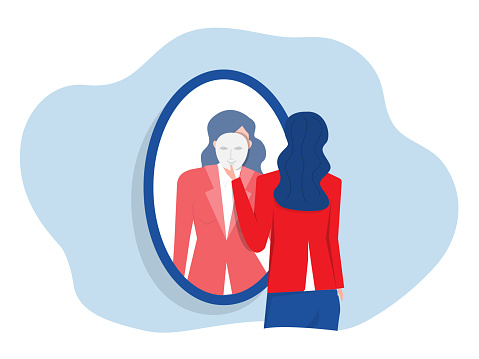 Imposter Syndrome. A businesswoman looks in the mirror and takes mask his imposter for Anxiety and lack of self confidence at work vector