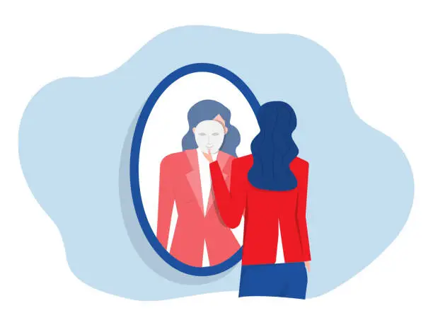 Vector illustration of Imposter Syndrome. A businesswoman looks in the mirror and takes mask his imposter for Anxiety and lack of self confidence at work vector