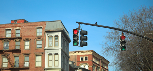 Street Stoplight warning sign at intersection