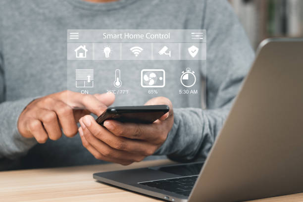 istock Smart home technology concept. Control all the functions of your home through your smartphone. Home automation system. Technology of the future. 1463983923